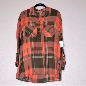 NWT Charlotte Russe Medium Orange & Olive Green Long Sleeve Button Up w/Roll Tab